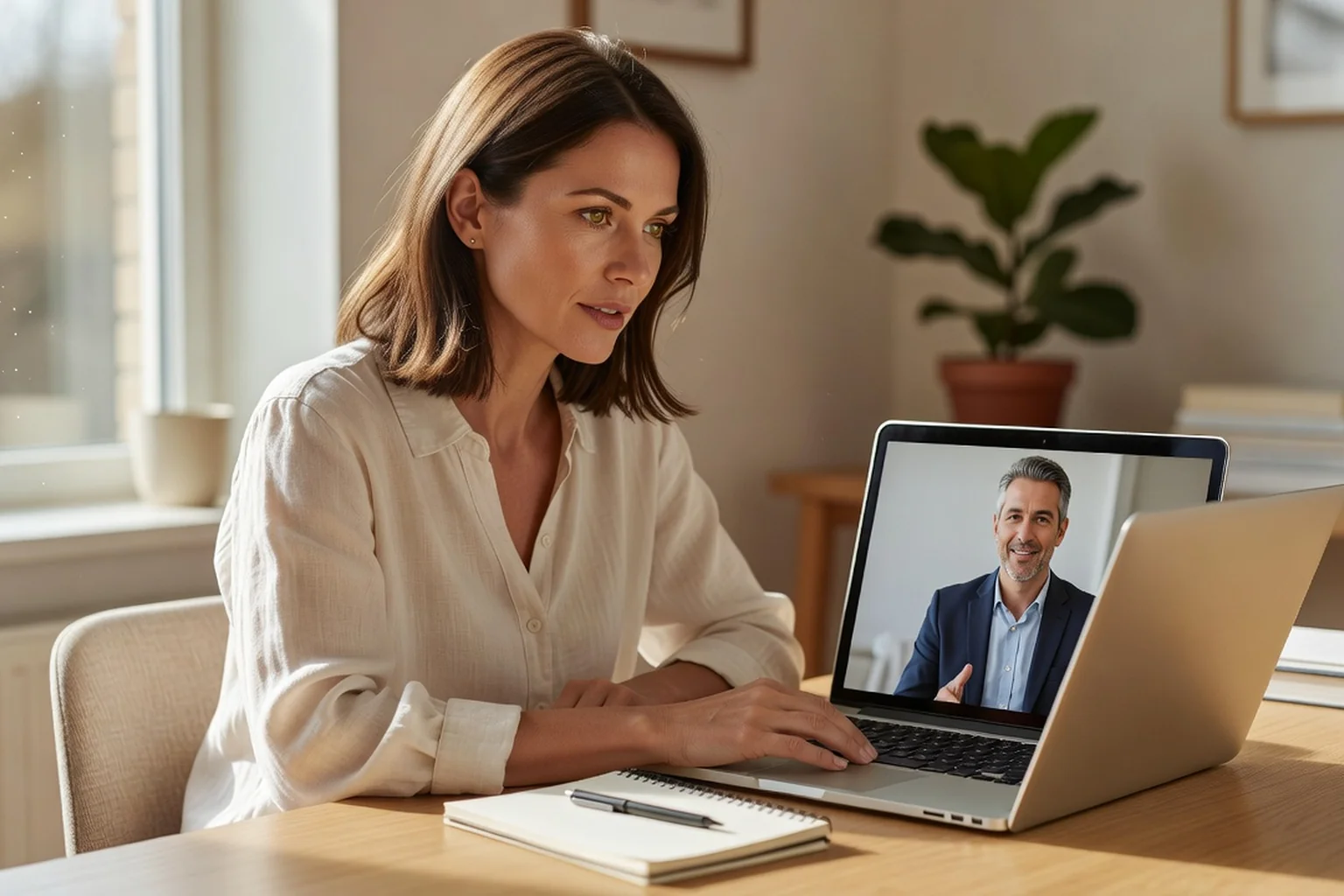 Célibataire adulte travaillant sur son profil de rencontre internationale avec un coach en visioconférence sur son ordinateur portable, carnet de notes à côté