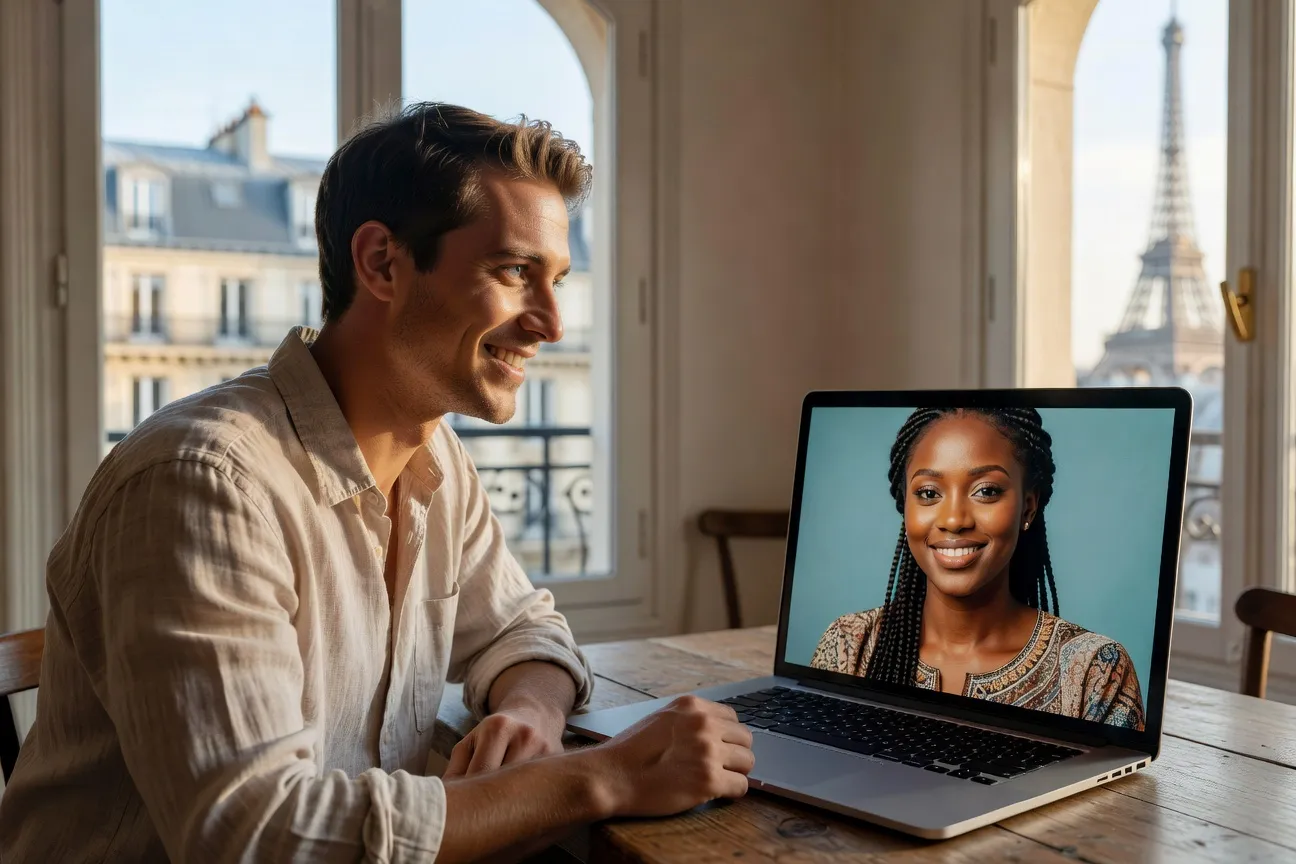 Couple franco-sénégalais en visioconférence pendant la phase d'échange à distance