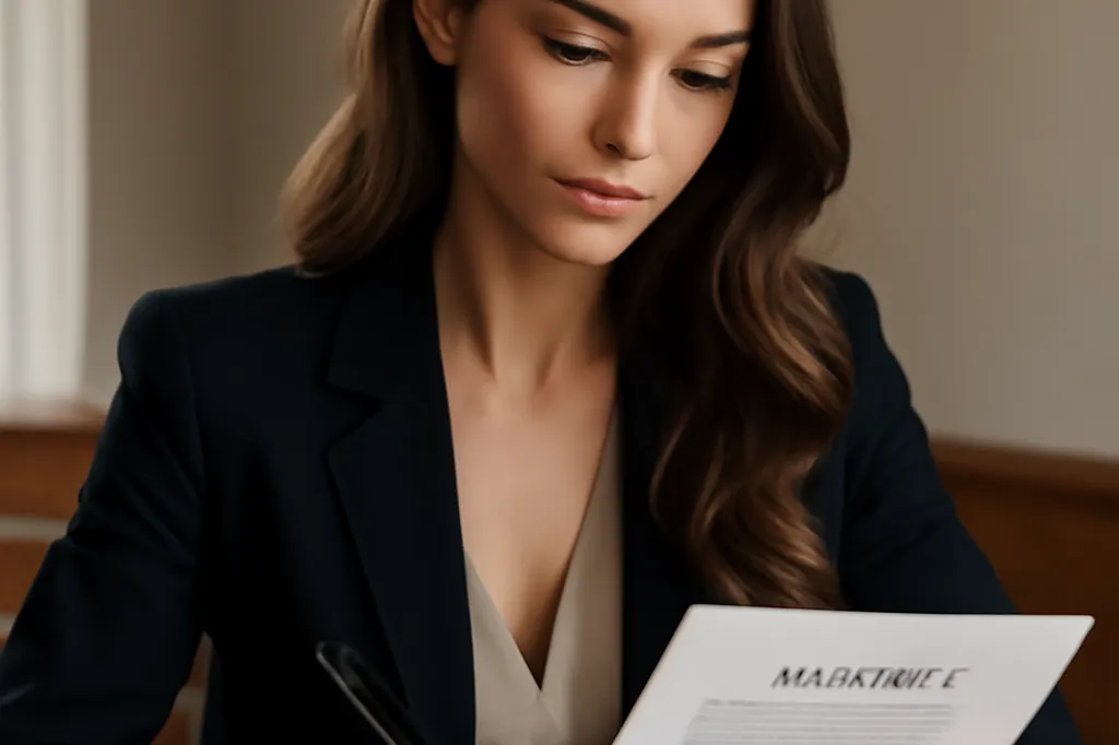Cliente relisant attentivement un contrat d'agence matrimoniale avant signature