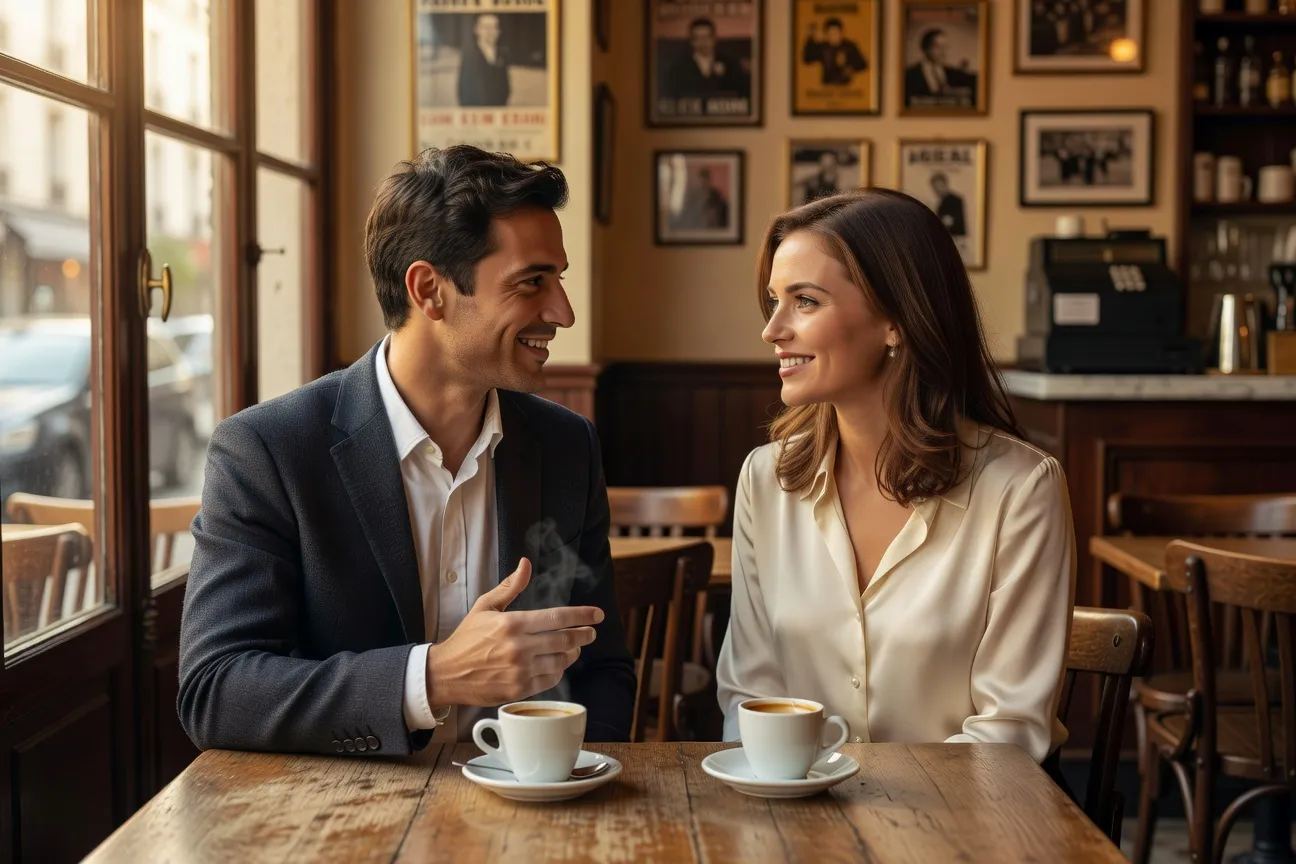 Couple lors d'un premier rendez-vous dans un café parisien, ambiance détendue