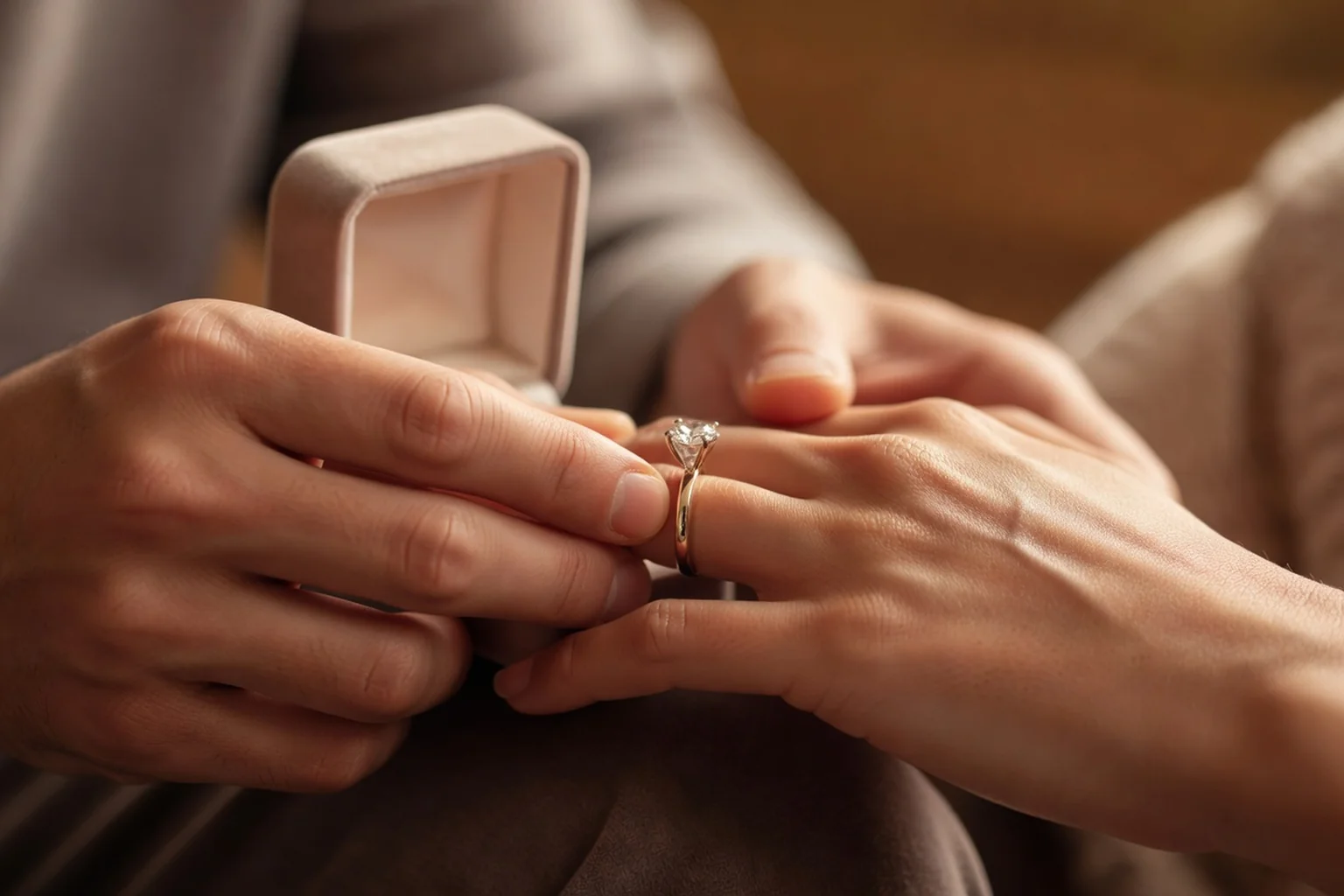 Gros plan des mains d'un couple adulte échangeant une bague de fiançailles, écrin ouvert, lumière douce et chaleureuse