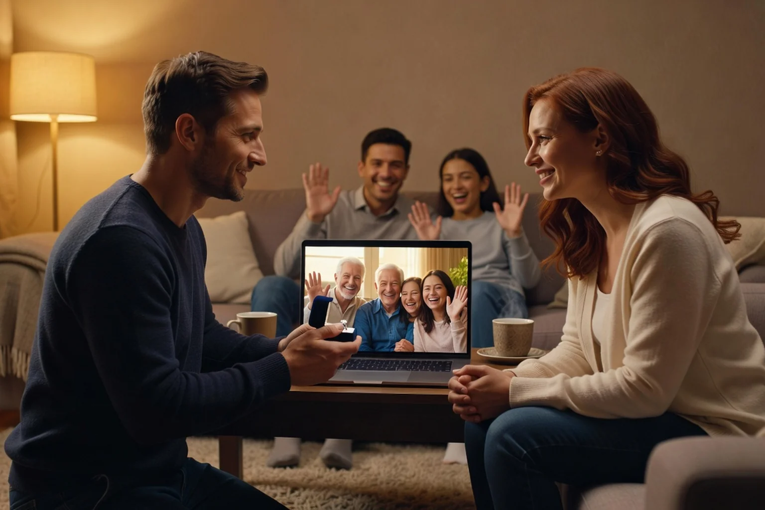 Couple adulte en visioconférence avec une famille souriante à l'écran dans un autre pays, demande en mariage à distance