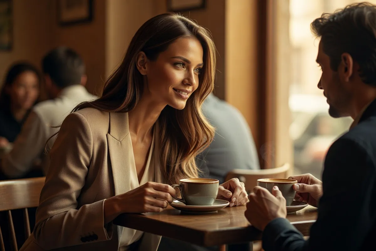 Femme élégante au sourire discret écoutant avec attention un homme assis en face d'elle autour de deux tasses de café