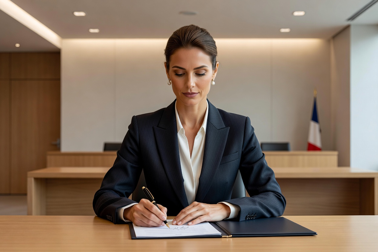 Femme signant un document officiel en préfecture dans le cadre de démarches administratives de couple binational