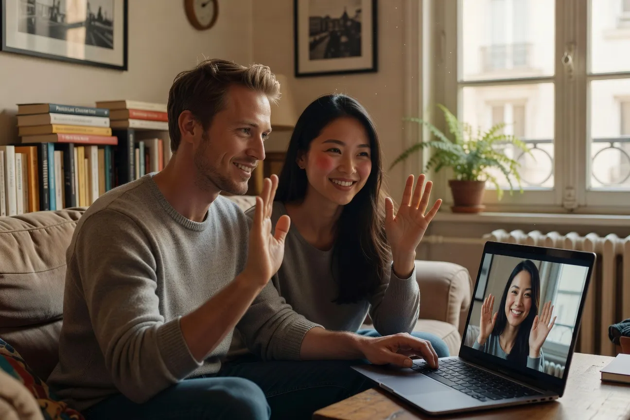 Couple binational rencontré via une plateforme internationale en visioconférence à distance