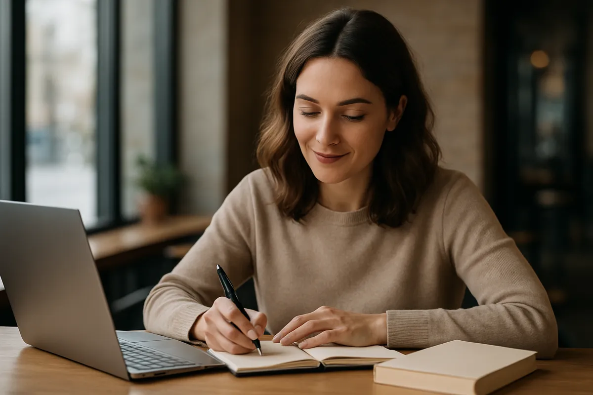 Femme souriante prenant des notes dans un carnet à une table de café, un ordinateur portable ouvert à côté d'elle