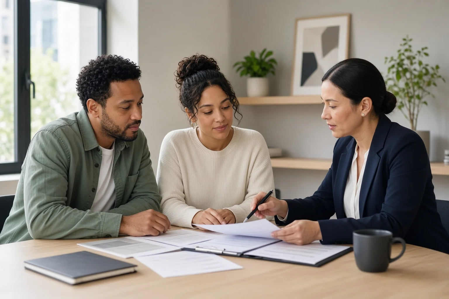 Couple mixte discutant avec une conseillère devant des documents administratifs