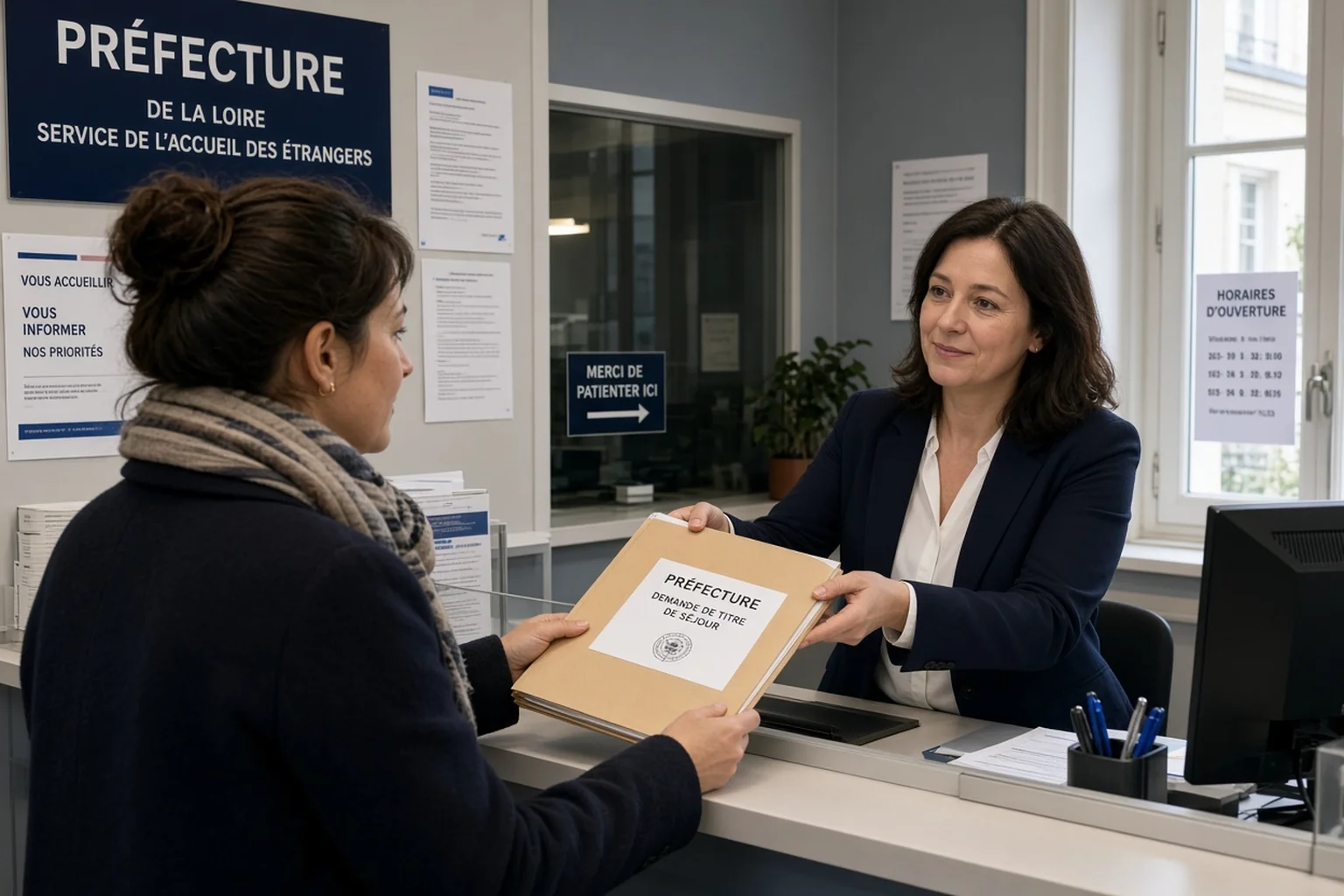 Femme remettant un dossier administratif à un guichet de préfecture