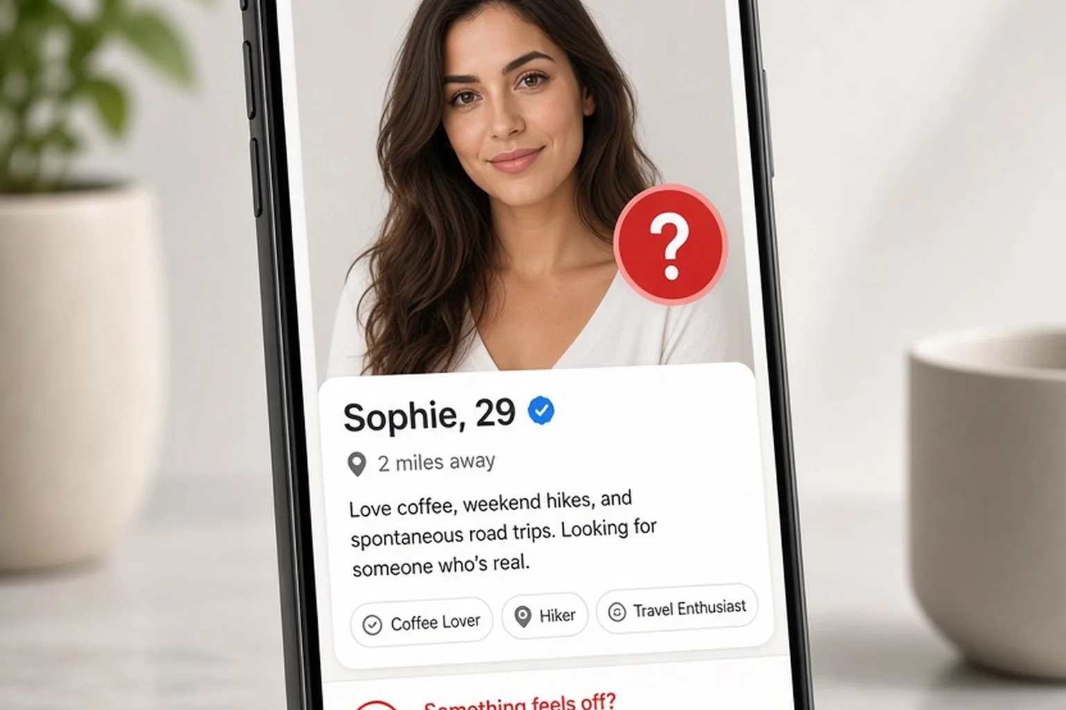 Smartphone affichant un profil de rencontre suspect avec un point d'interrogation rouge