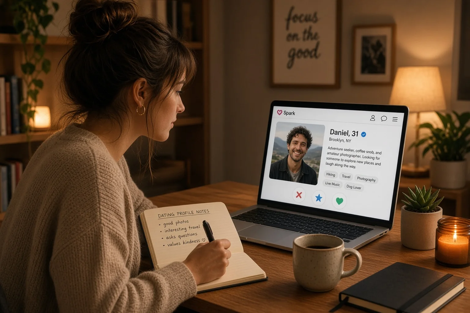 Femme prenant des notes devant son écran pour vérifier un profil de rencontre