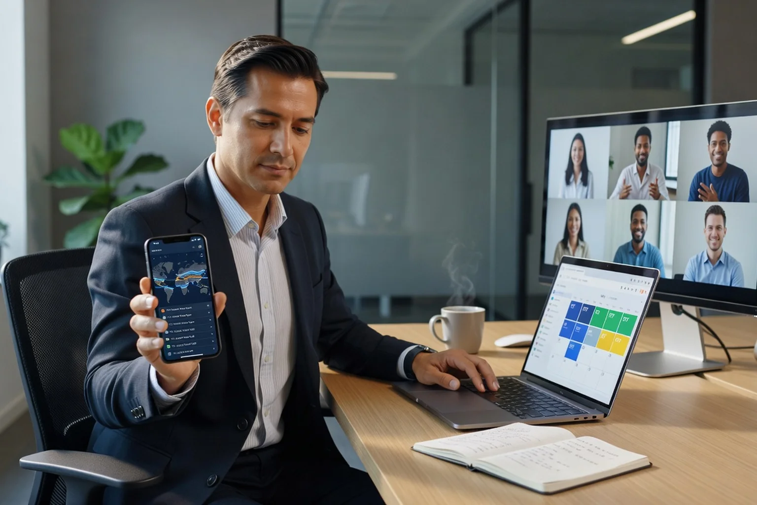 Professionnel adulte organisant son calendrier partagé avec fuseaux horaires sur smartphone et ordinateur, appel vidéo en arrière-plan