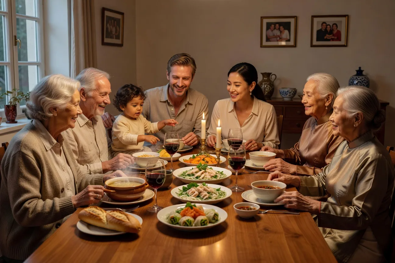Couple franco-vietnamien et leur enfant métis lors d'un repas familial multiculturel