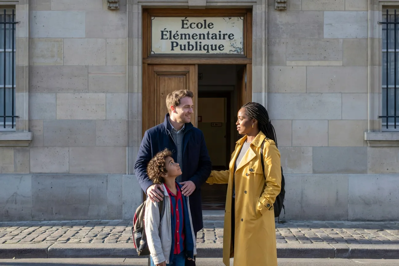 Famille franco-africaine devant une école parisienne, parents et enfant métis