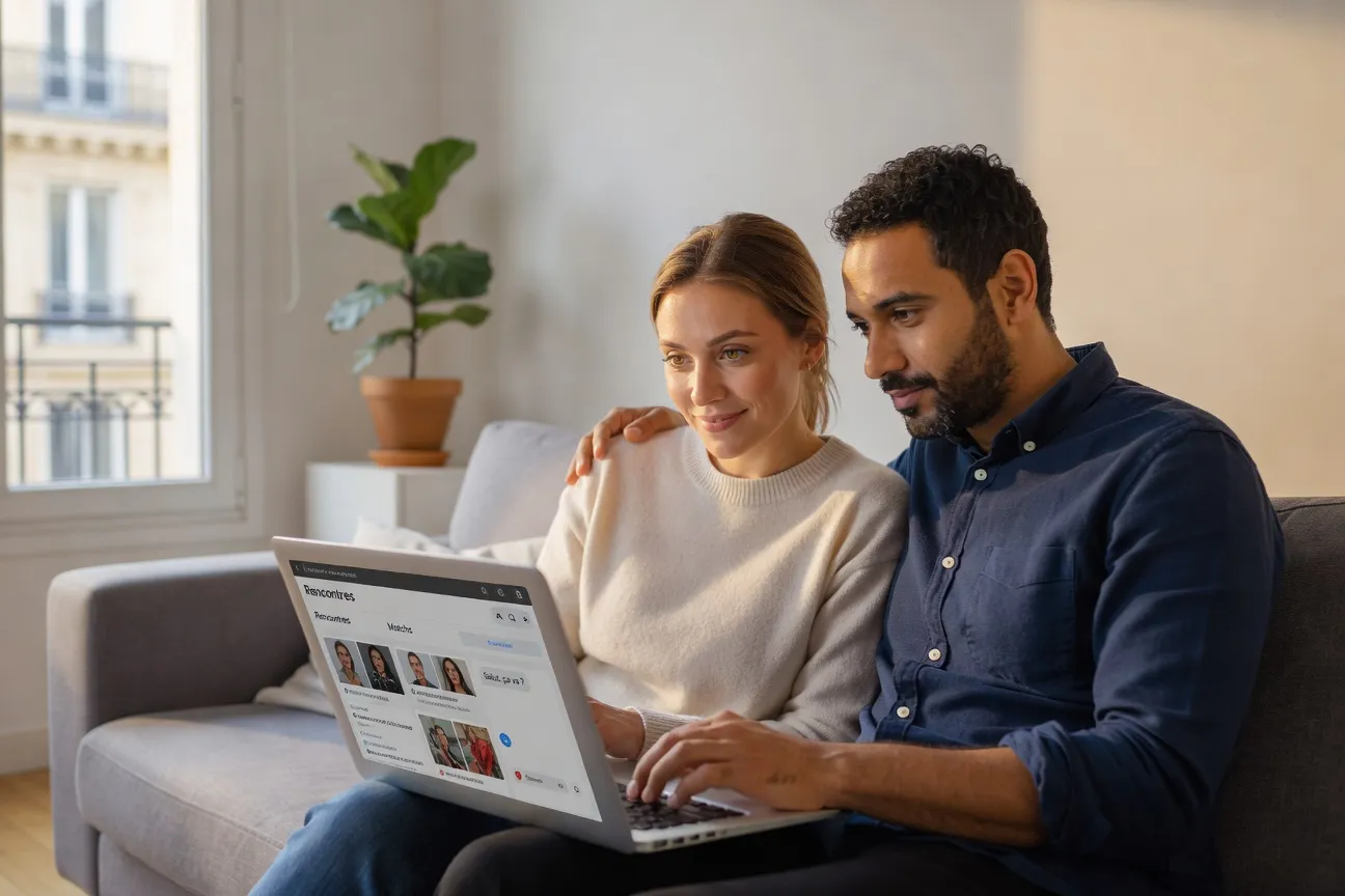 Couple binational utilisant une application de rencontre francophone sur ordinateur portable
