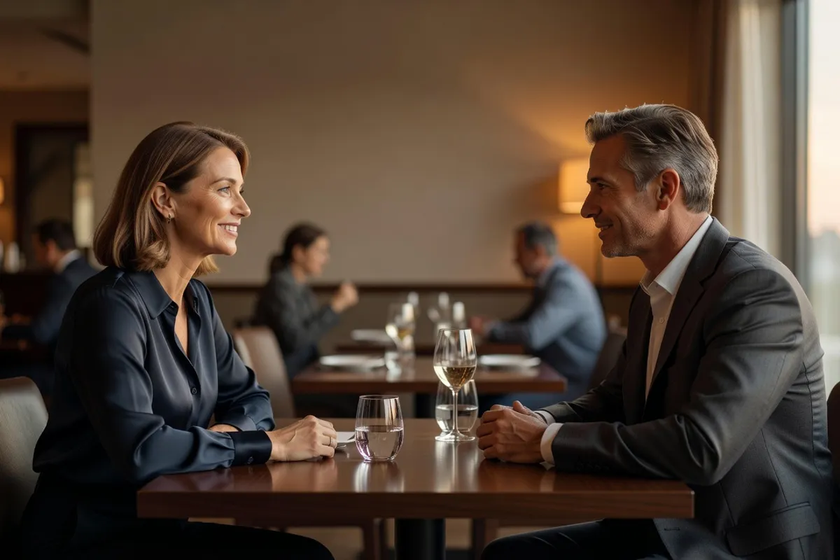Couple élégant échangeant lors d'un premier rendez-vous dans un restaurant à l'ambiance feutrée.