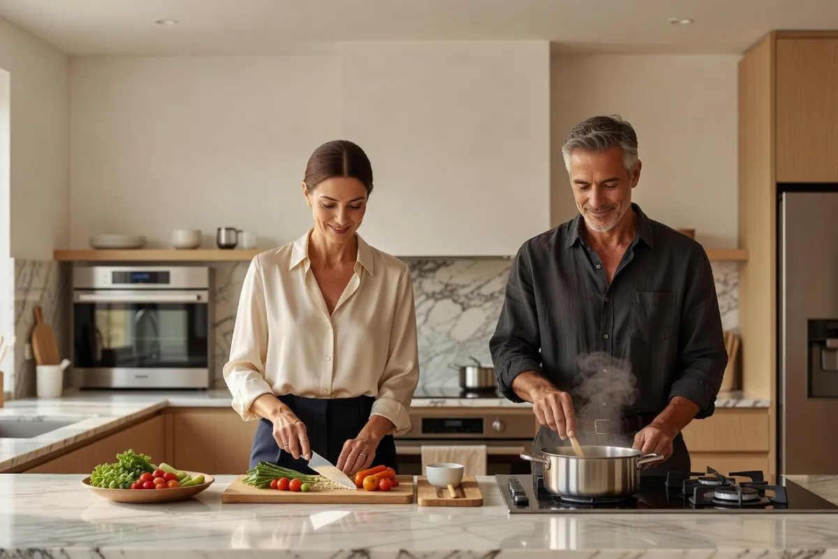Couple mixte élégant préparant un repas ensemble dans une cuisine lumineuse et contemporaine.