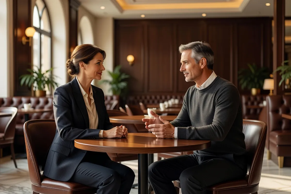 Femme élégante échangeant avec un homme dans un café lors d'un premier rendez-vous respectueux