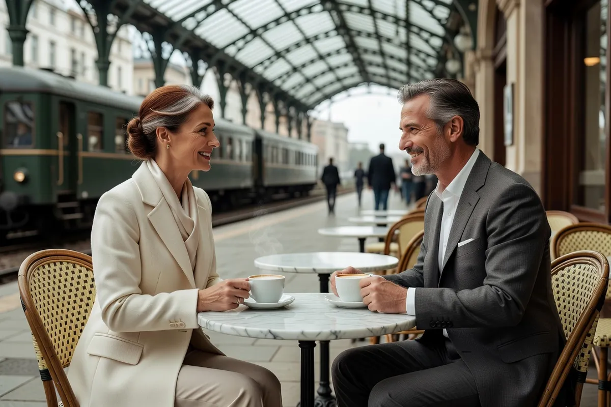 Femme élégante et homme adulte échangeant autour d'un café dans une gare européenne