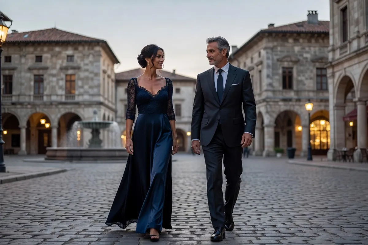Femme élégante et homme adulte discutant dans une place historique européenne au crépuscule