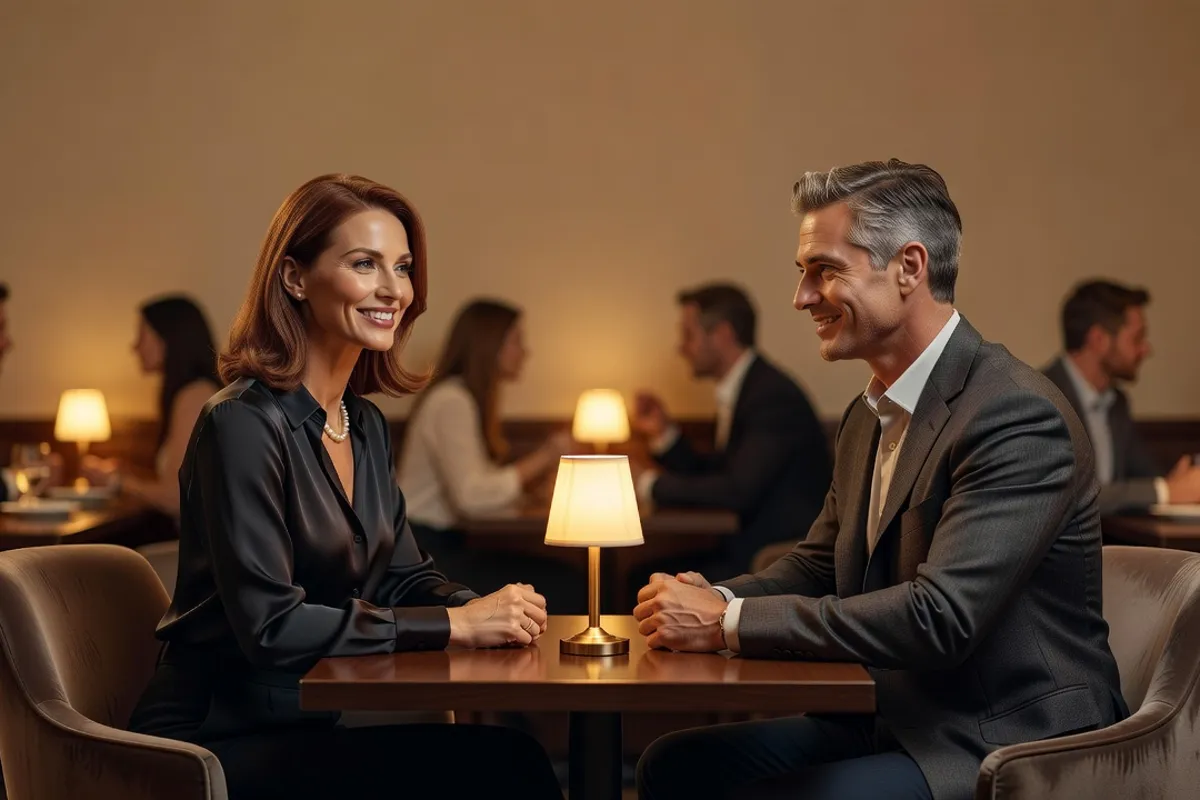 Une femme élégante échange avec un homme lors d'une rencontre rapide dans un café raffiné.