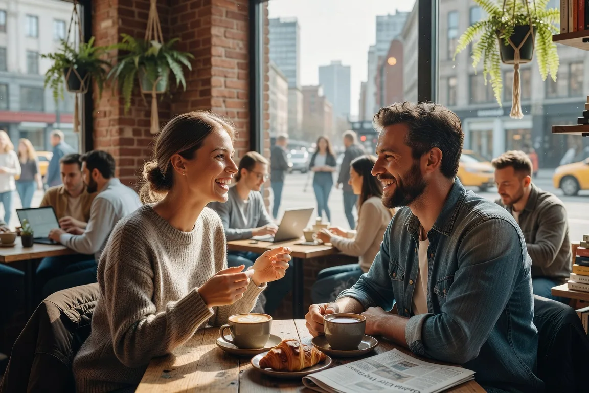 Couple international echangeant dans un cafe