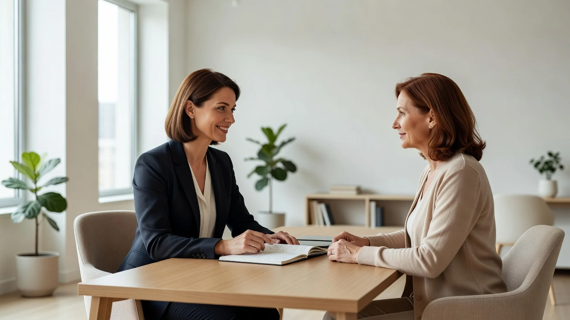 Consultante d'une agence de rencontre internationale échangeant avec une cliente dans un bureau lumineux, carnet et dossiers sur la table