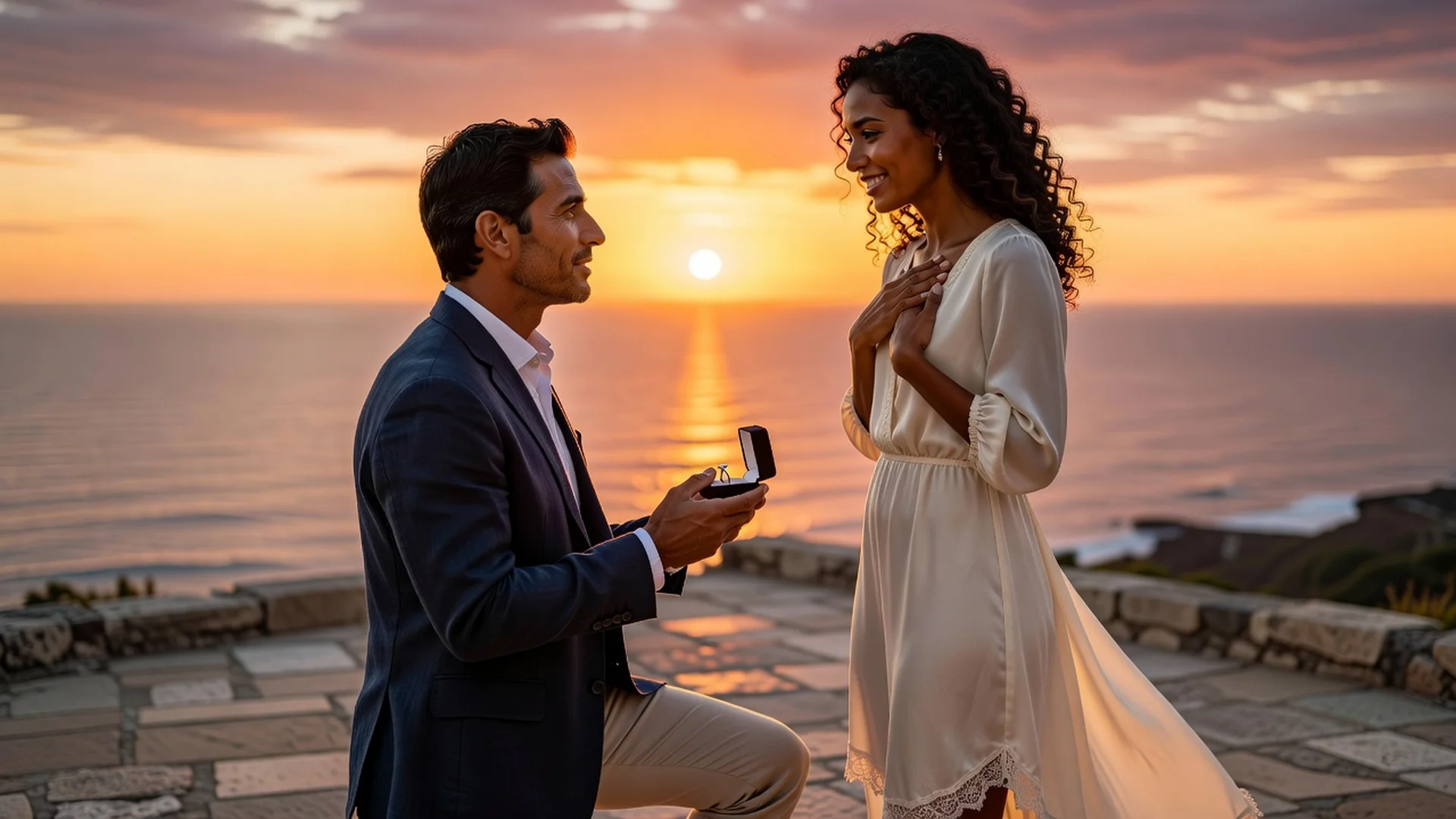 Homme faisant sa demande en mariage à sa partenaire dans un cadre romantique au coucher du soleil, couple international adulte crédible