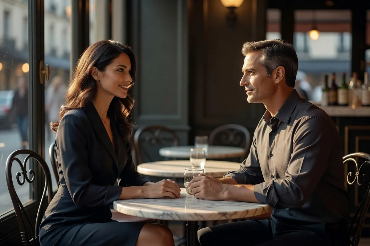 Femme élégante et homme échangeant un regard calme et un sourire à une table de café parisien en fin de journée