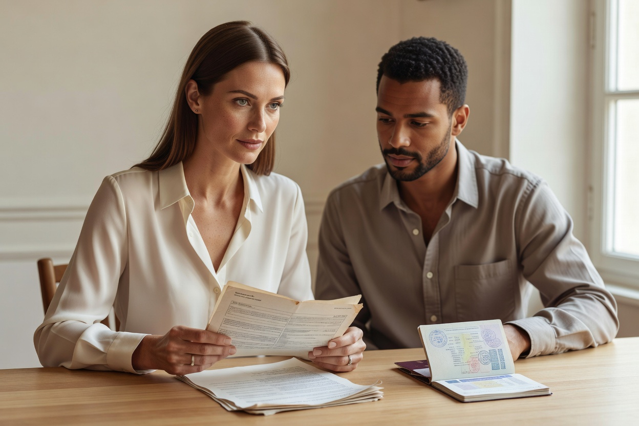 Couple binational assis à une table, documents administratifs et alliance visibles, échange sérieux