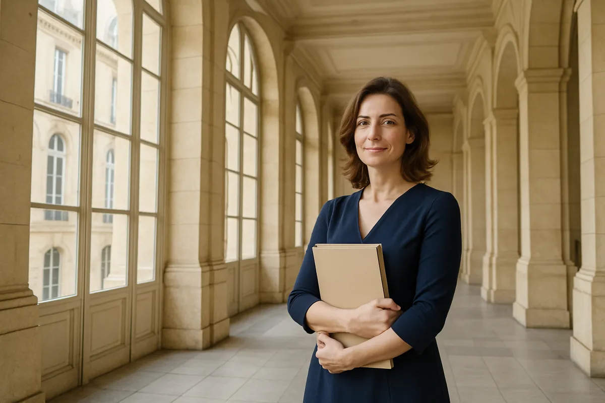 Femme élégante en robe bleu marine tenant un dossier dans le hall lumineux d'un bâtiment administratif français