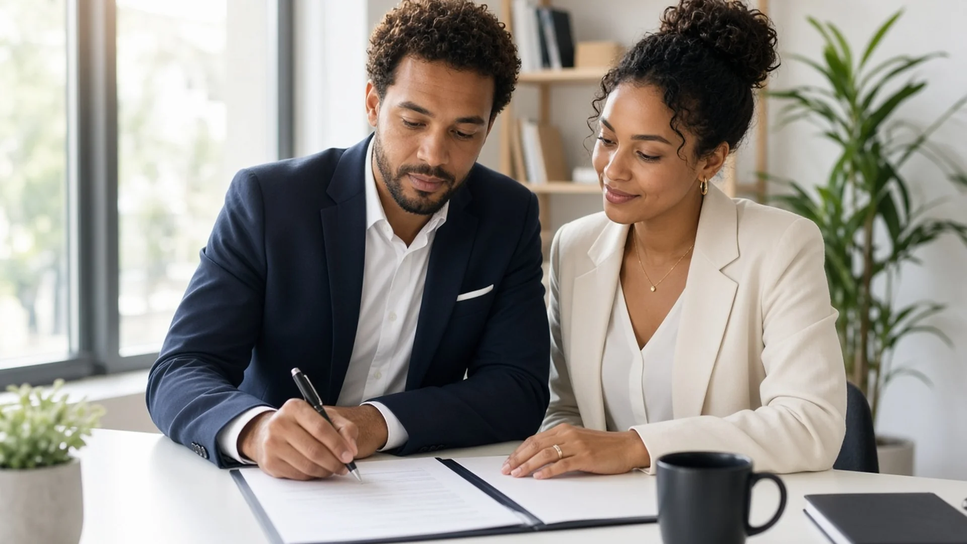 Couple mixte signant un document administratif dans un bureau de notaire, ambiance lumineuse et sérieuse