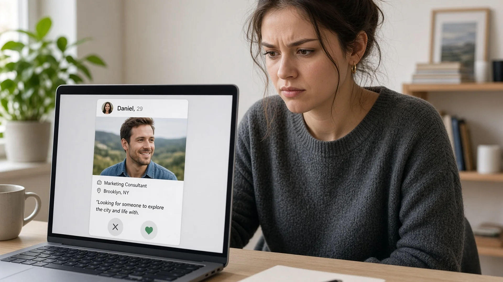 Utilisateur scrutant l'écran d'un ordinateur portable avec méfiance devant un profil de rencontre en ligne
