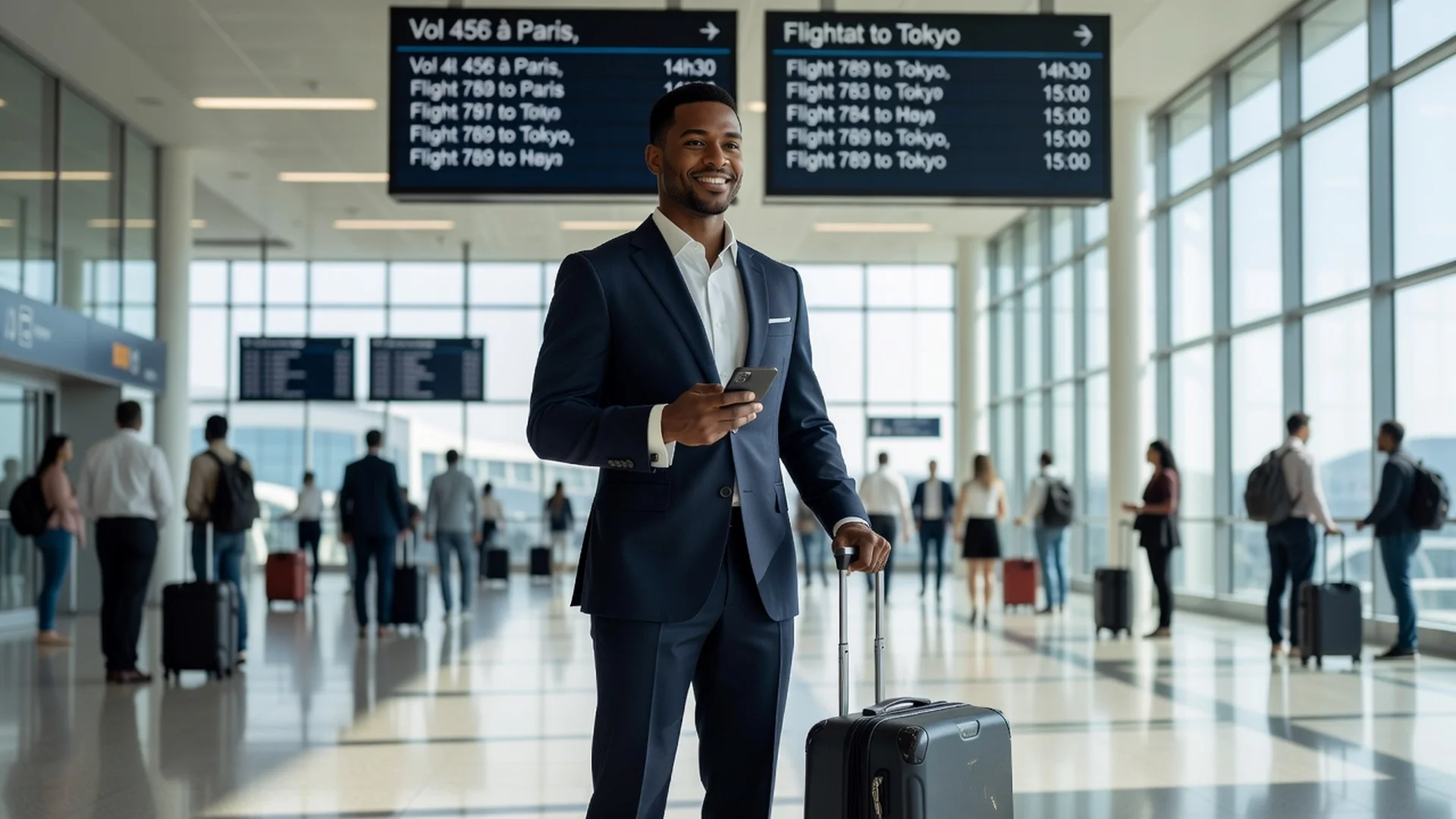 Professionnel adulte élégant avec valise et smartphone dans un aéroport lumineux, évoquant une vie itinérante et les rencontres internationales