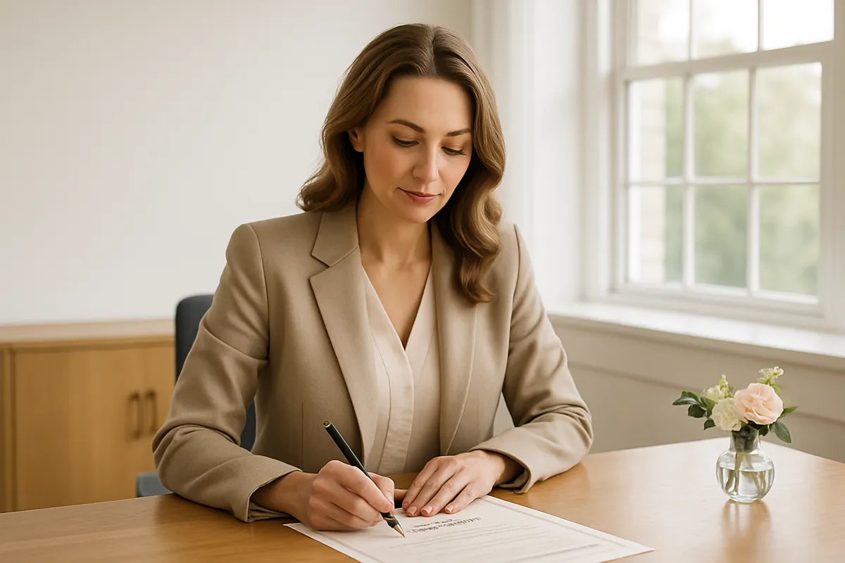 Femme en blazer beige examinant un acte de mariage à un bureau lumineux, un petit vase de fleurs à côté d'elle