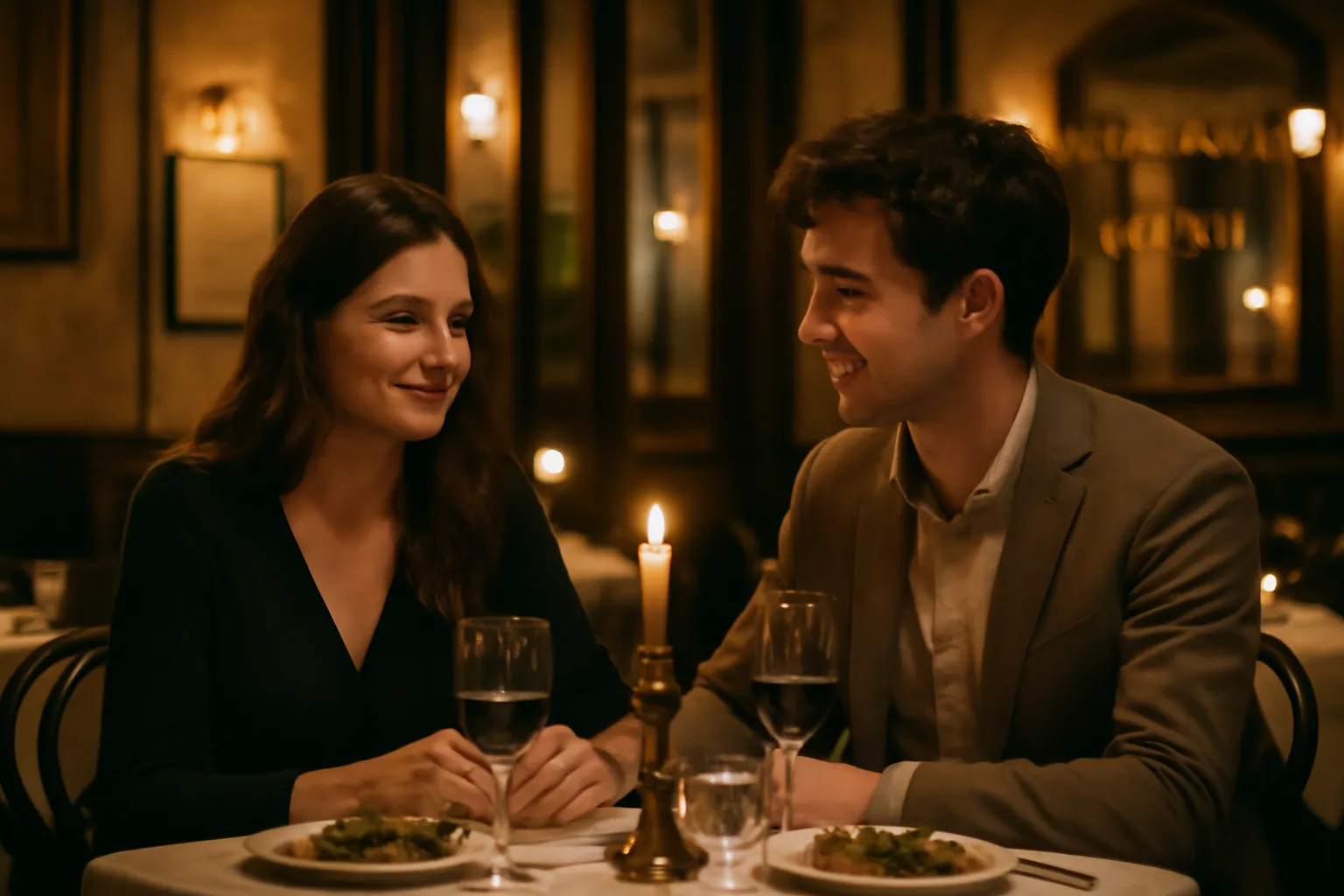 Couple heureux lors d'un premier rendez-vous en terrasse