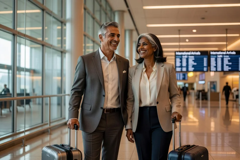 Couple se retrouvant pour la première fois dans un aéroport international moderne