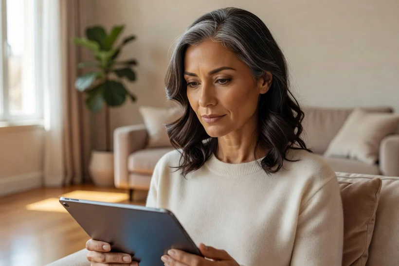 Femme senior utilisant une tablette dans un salon lumineux, vérification prudente d'un profil en ligne