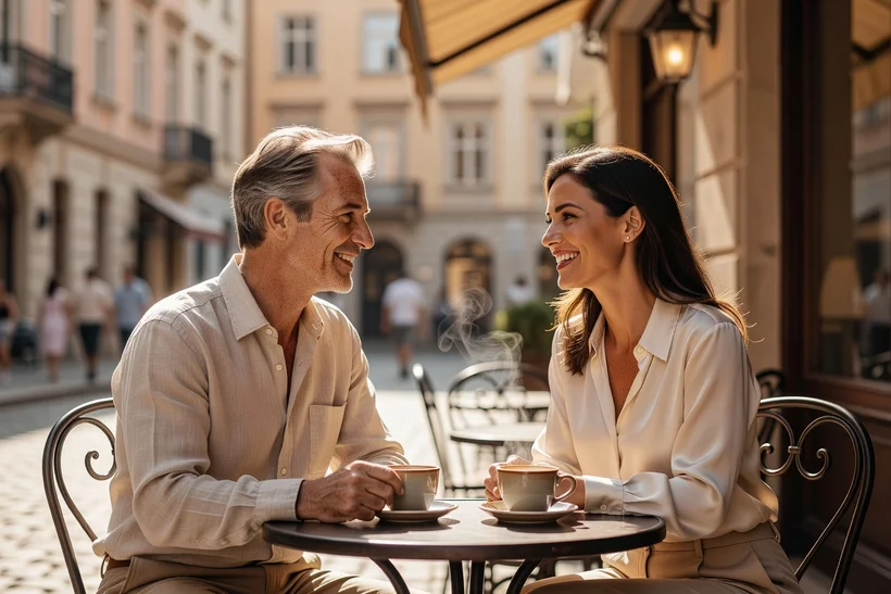 Couple senior se rencontrant pour la première fois dans un café ensoleillé d'une ville européenne