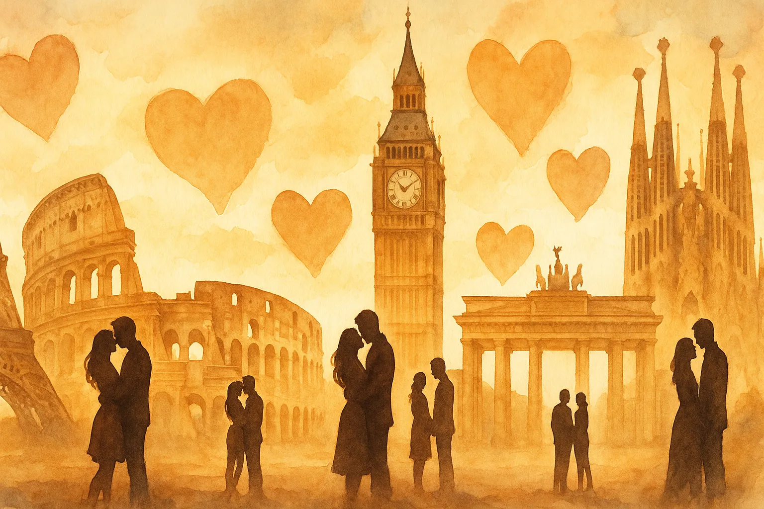 Carte de l'Europe avec des coeurs symbolisant les rencontres en ligne entre pays europeens