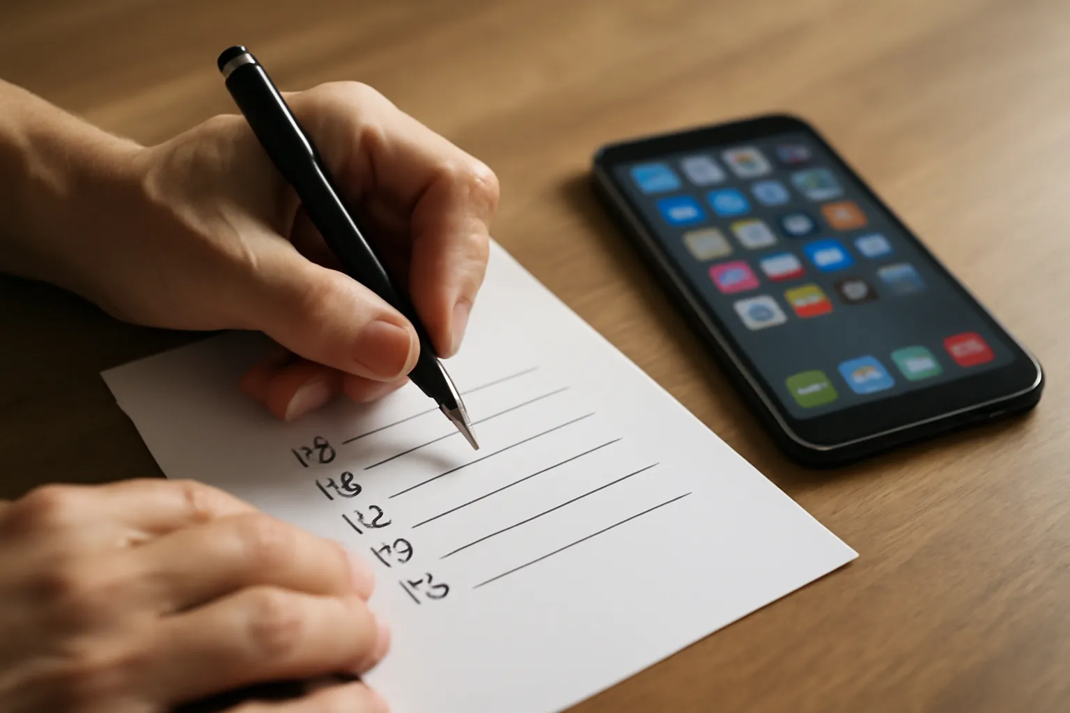 Personne ecrivant une liste de critères a cote d'un smartphone