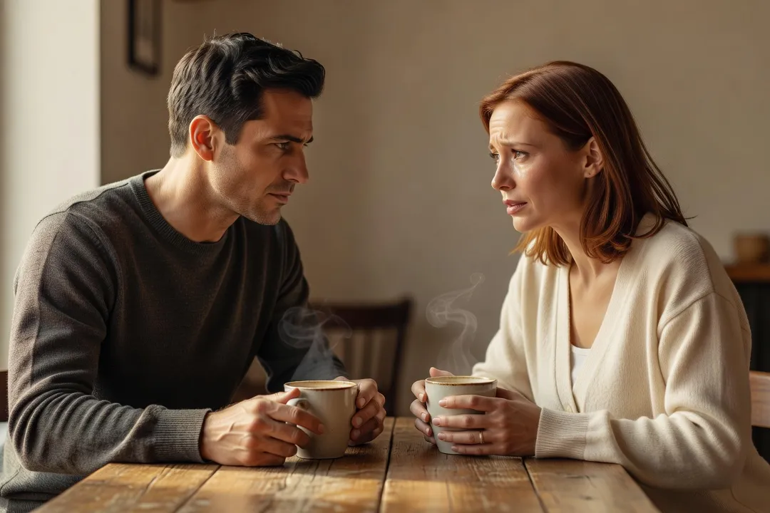 Couple ayant une conversation sérieuse autour d'un cafe